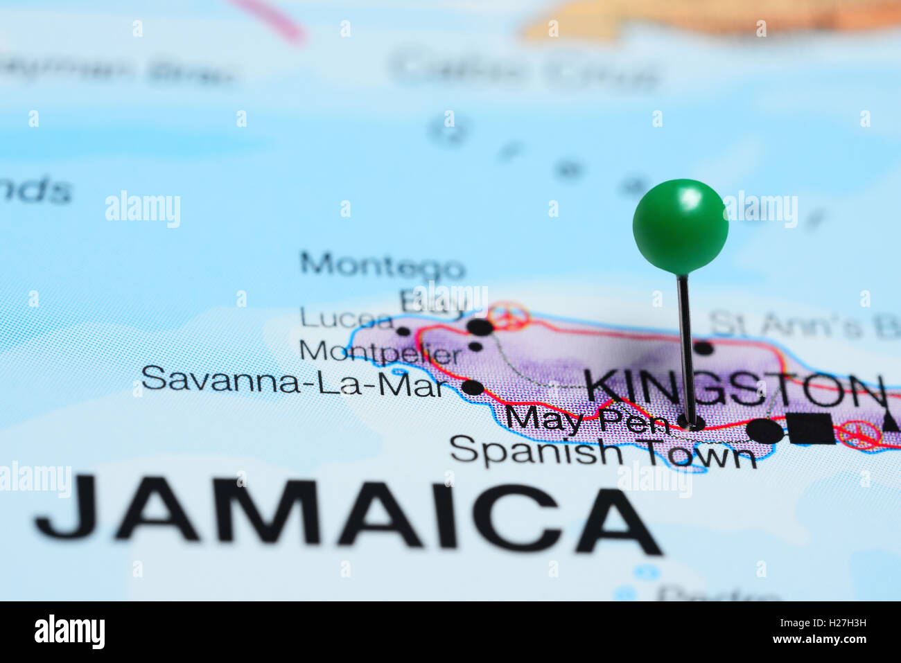 May Pen pinned on a map of Jamaica Stock Photo Alamy