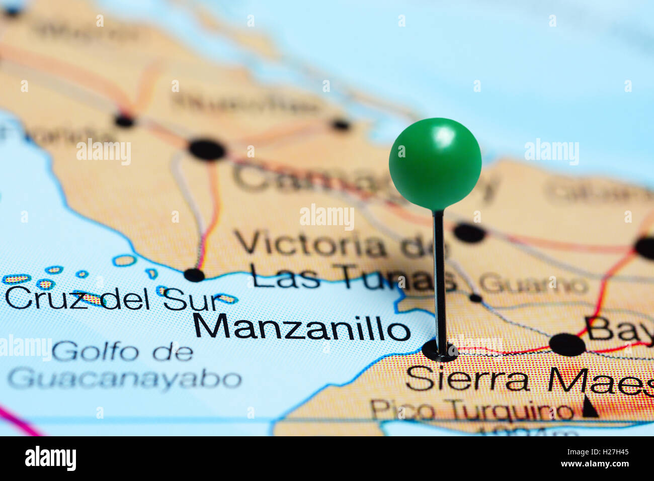Manzanillo pinned on a map of Cuba Stock Photo