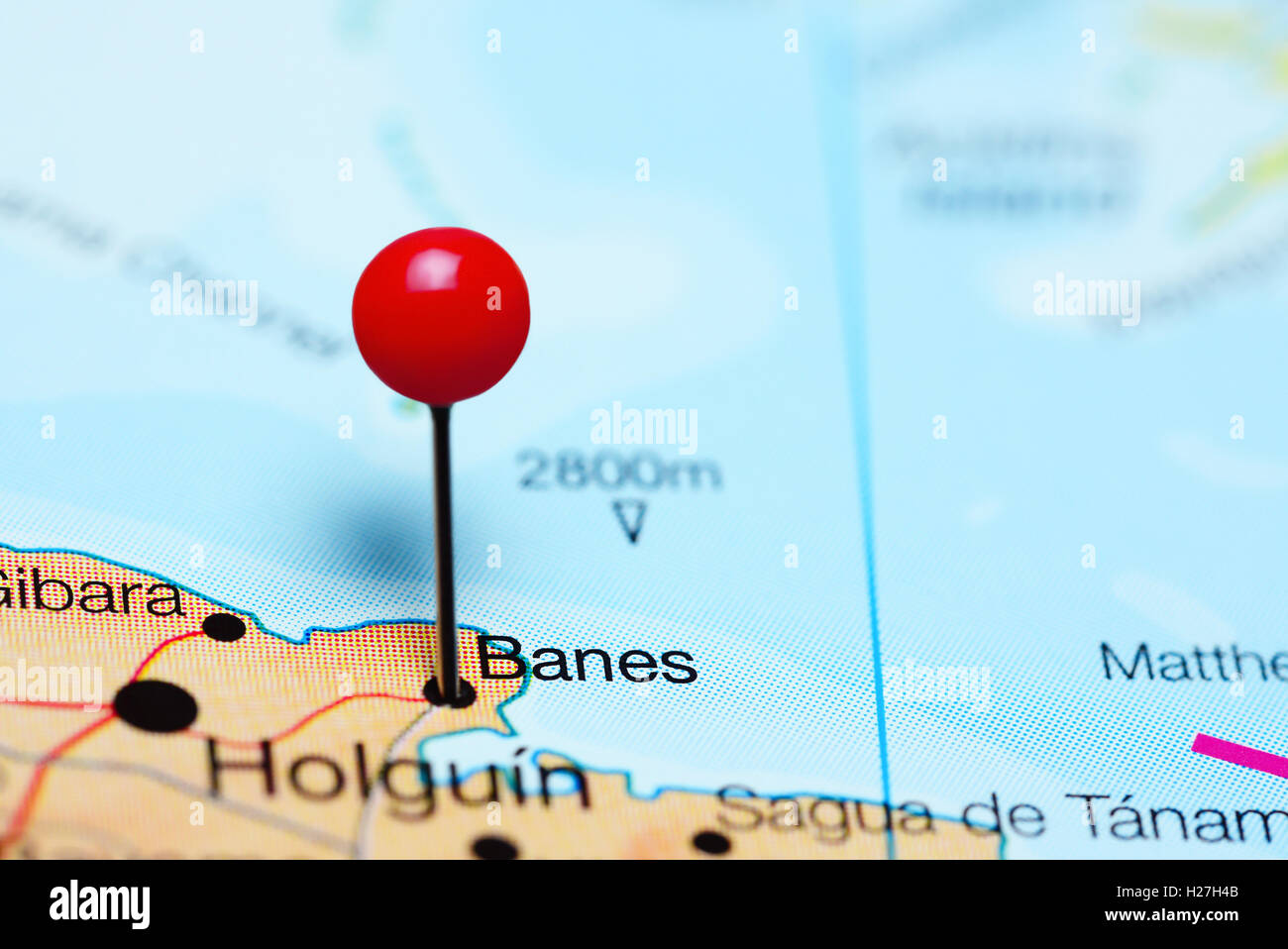 Banes pinned on a map of Cuba Stock Photo