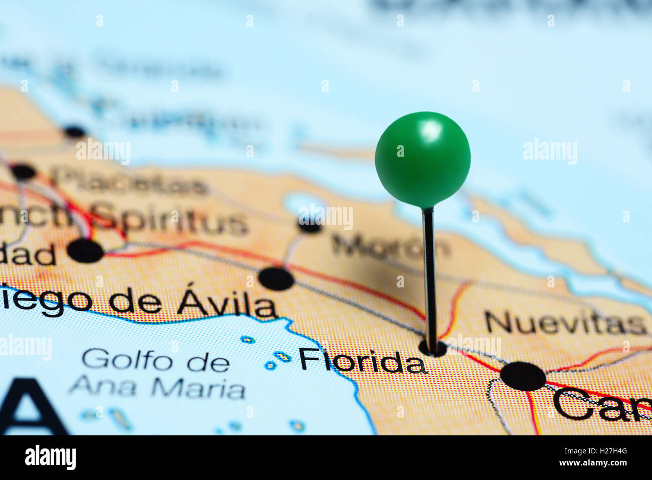 Florida pinned on a map of Cuba Stock Photo