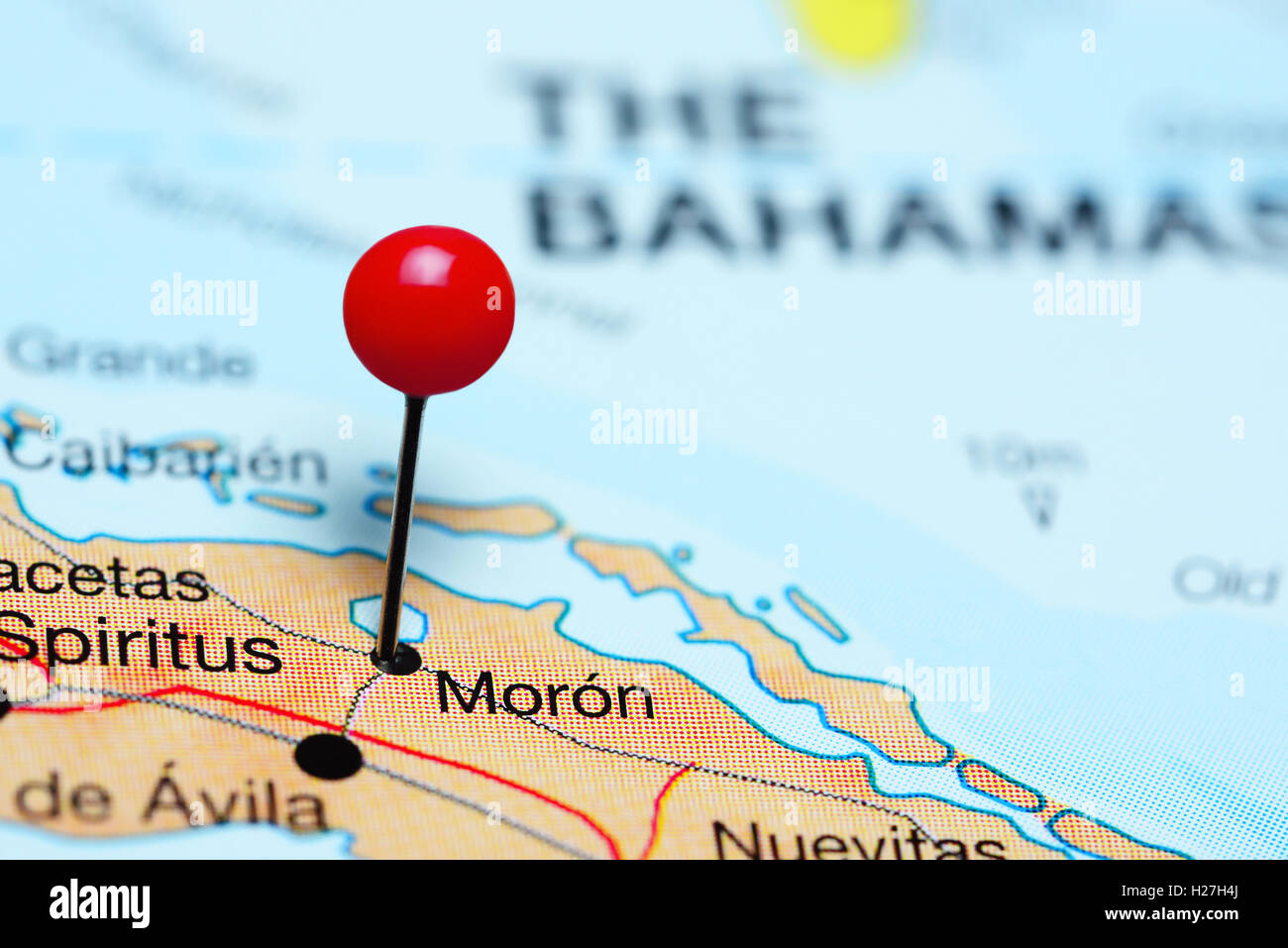 Moron pinned on a map of Cuba Stock Photo