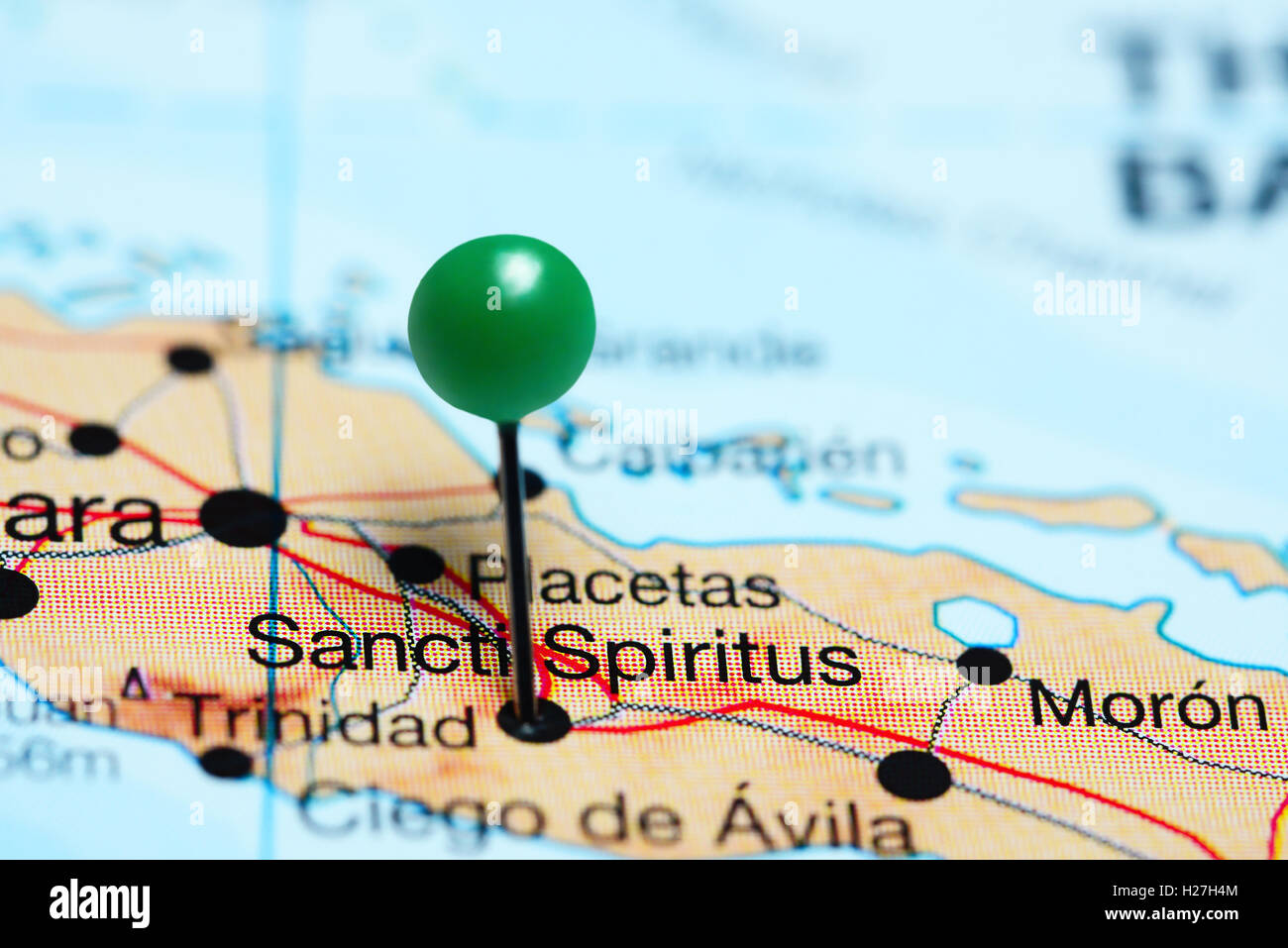 Sancti Spiritus pinned on a map of Cuba Stock Photo