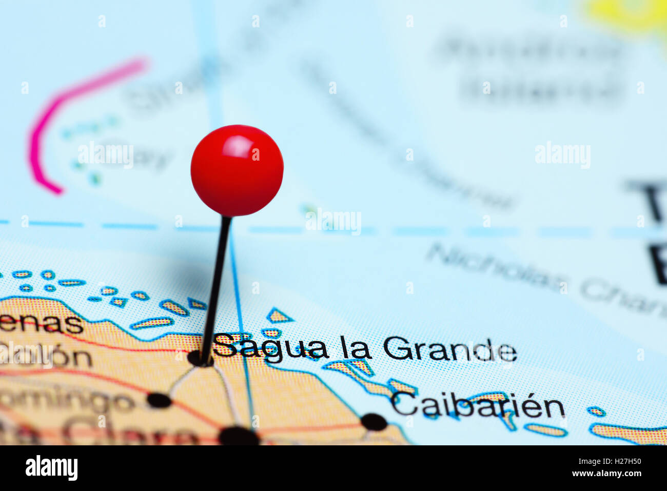 Sagua la Grande pinned on a map of Cuba Stock Photo