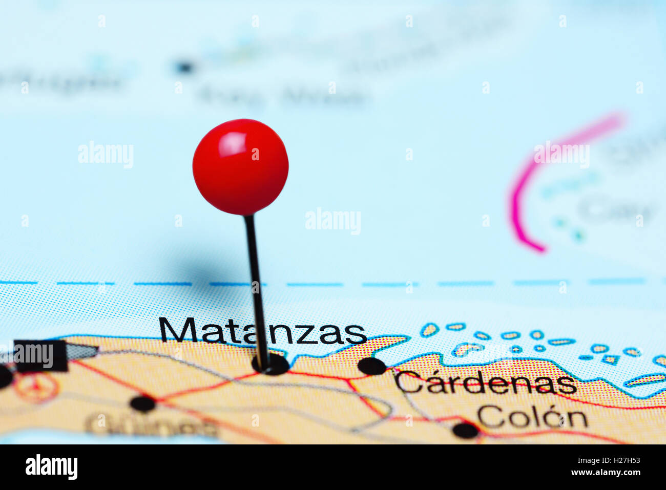 Matanzas pinned on a map of Cuba Stock Photo