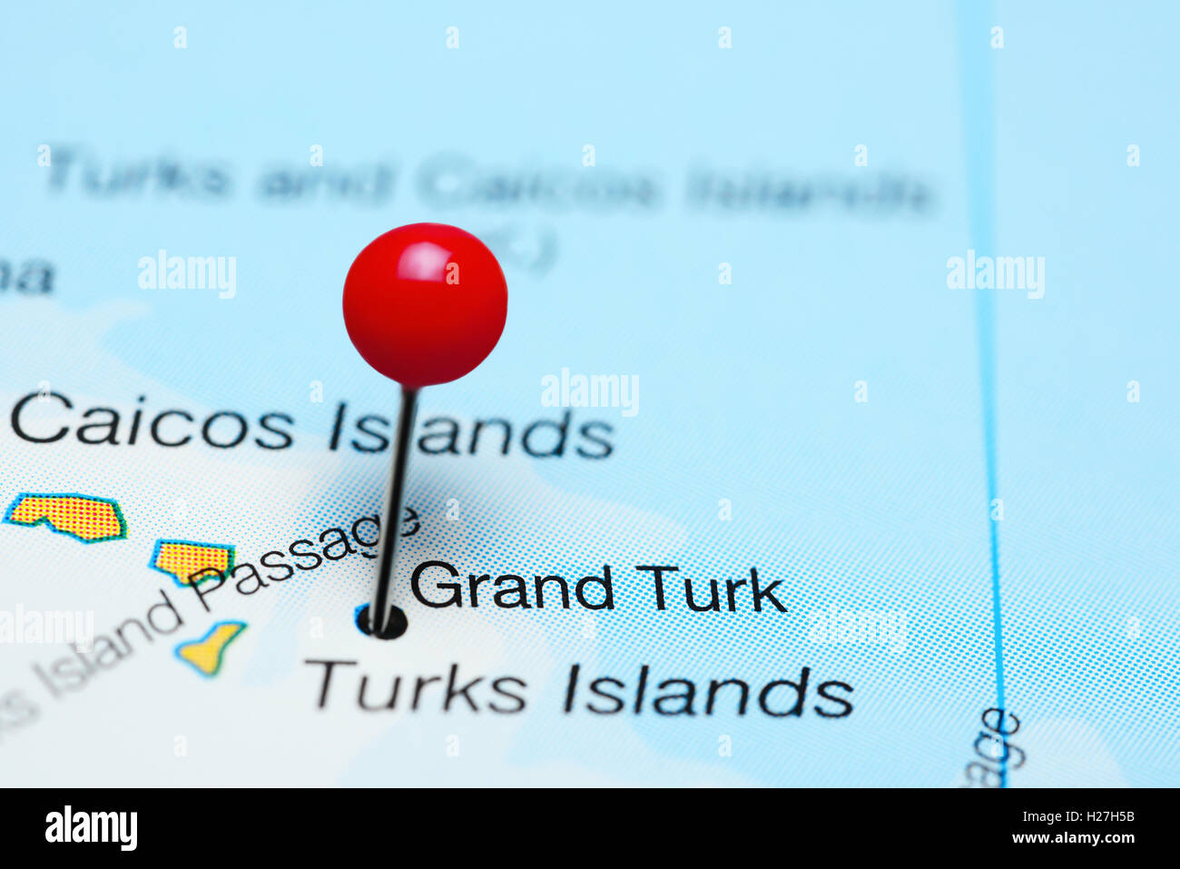 Grand Turk town pinned on a map Stock Photo