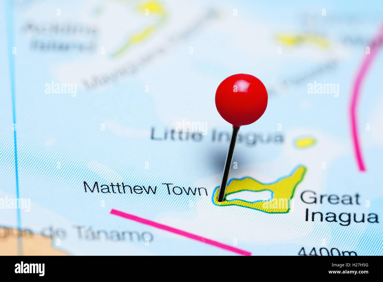 Matthew Town pinned on a map of Bahamas Stock Photo