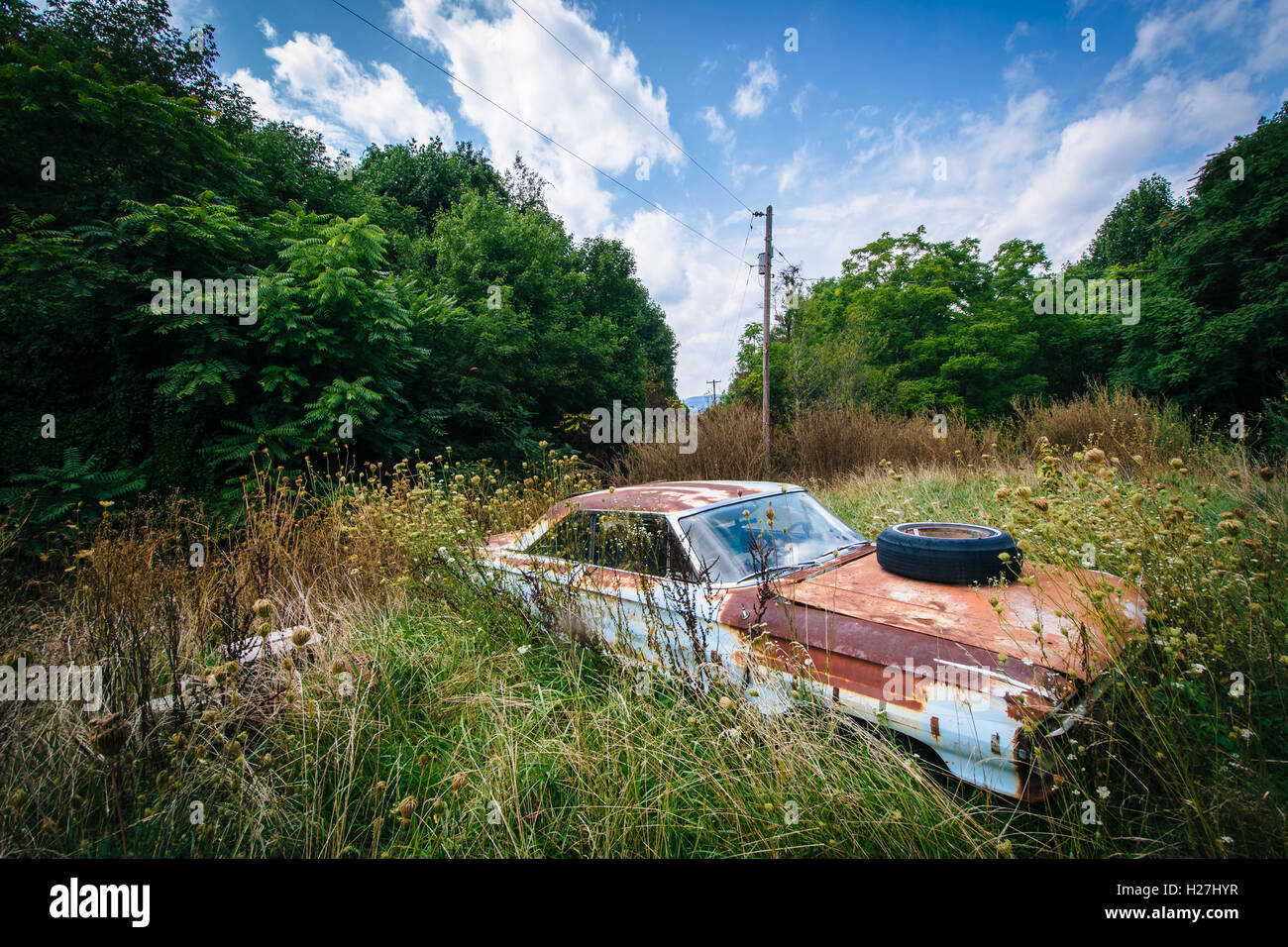 Abandoned, rusty car in the rural Shenandoah Valley, Virginia Stock