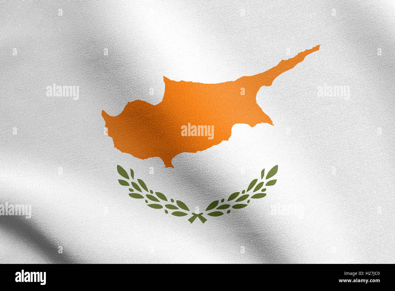 Cypriot national official flag. Patriotic symbol, banner, element, background. Flag of Cyprus waving in the wind detailed Stock Photo