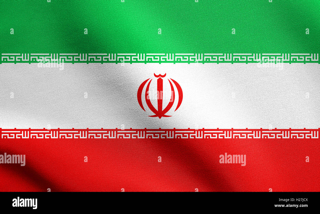 Iranian national official flag. Islamic Republic of Iran patriotic symbol, banner, element, background. Flag of Iran waving Stock Photo