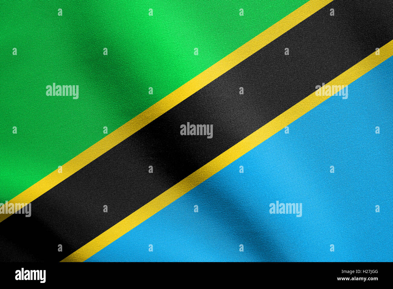 Tanzanian national official flag. African patriotic symbol, banner, element, background. Flag of Tanzania waving in the wind Stock Photo