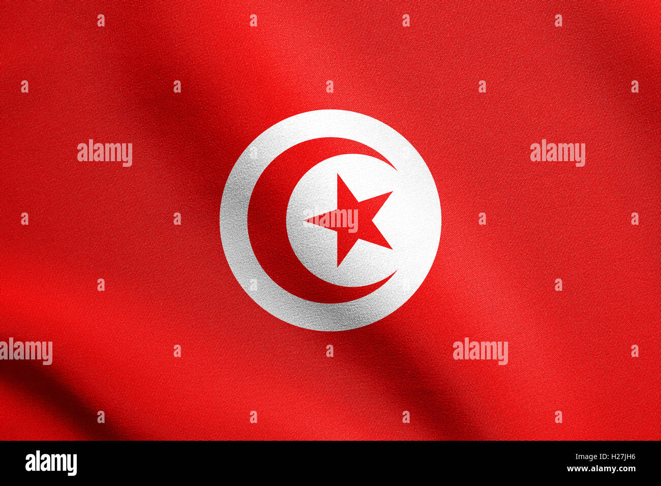 Tunisian national official flag. African patriotic symbol, banner, element, background. Flag of Tunisia waving in the wind Stock Photo