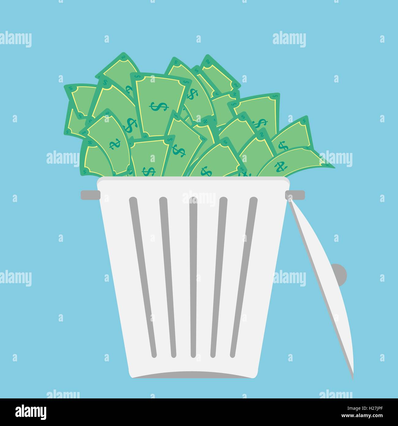 Large trash bin overflowing money bill. Stock Vector