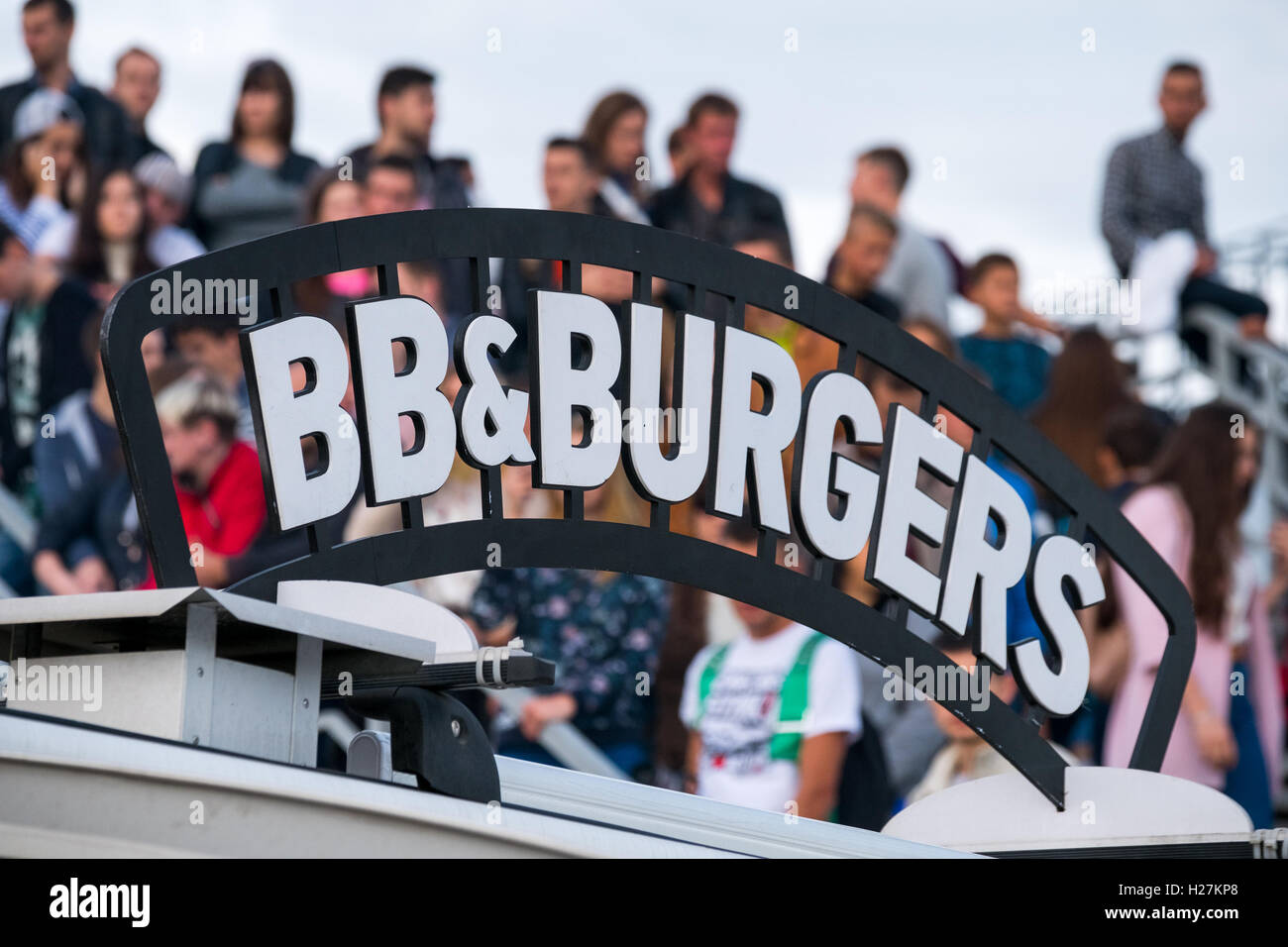 Foodtrack bbq and burgers sign board Stock Photo