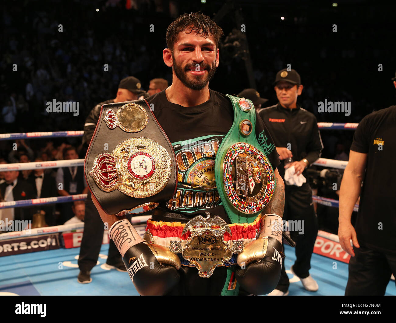 Jorge Linares winner of the WBA, WBC Diamond and Ring Magazine Lightweight World Titles fight at Manchester Arena. Stock Photo