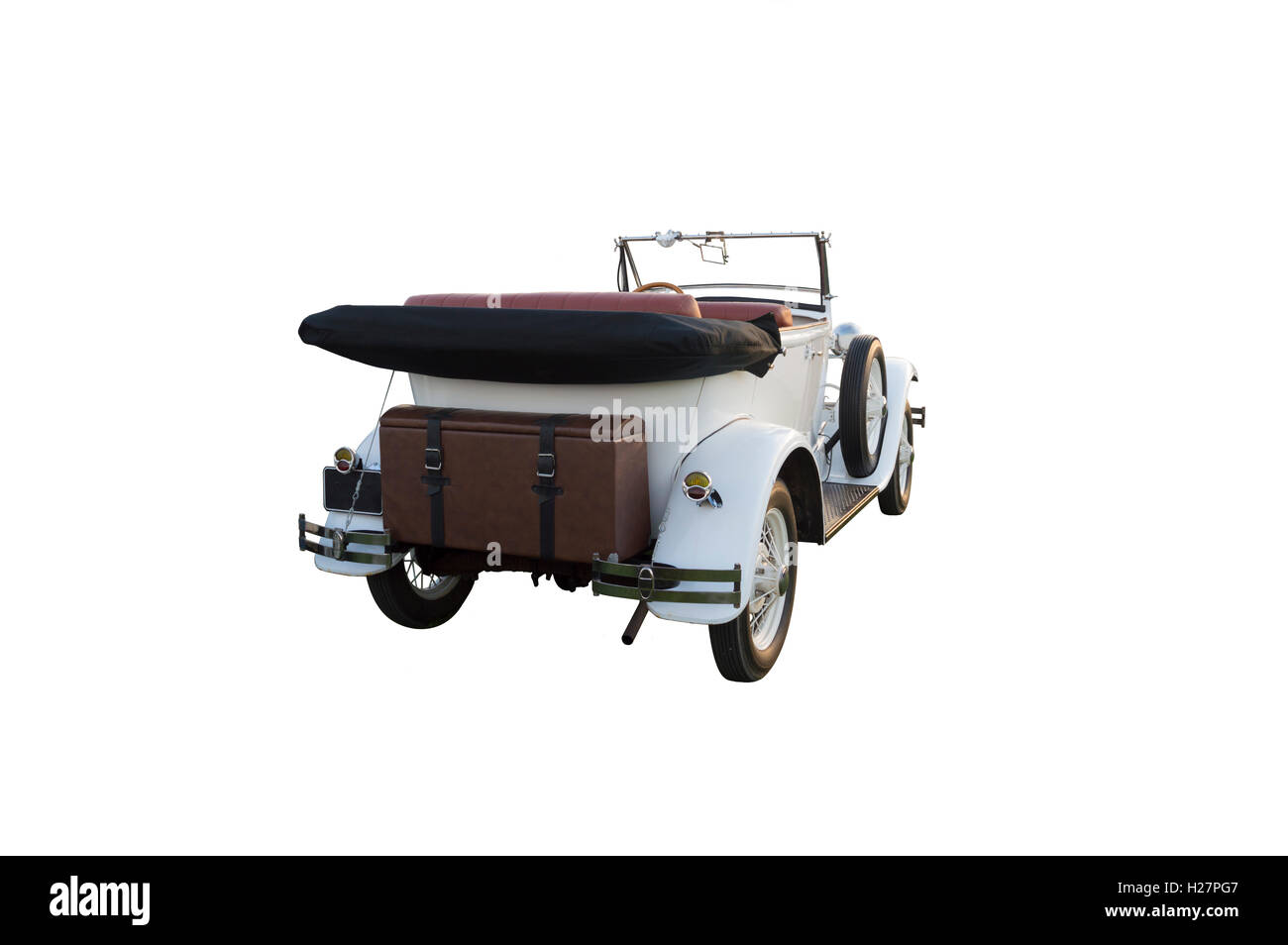 White Retro Car Back View Isolated on White Background Stock Photo