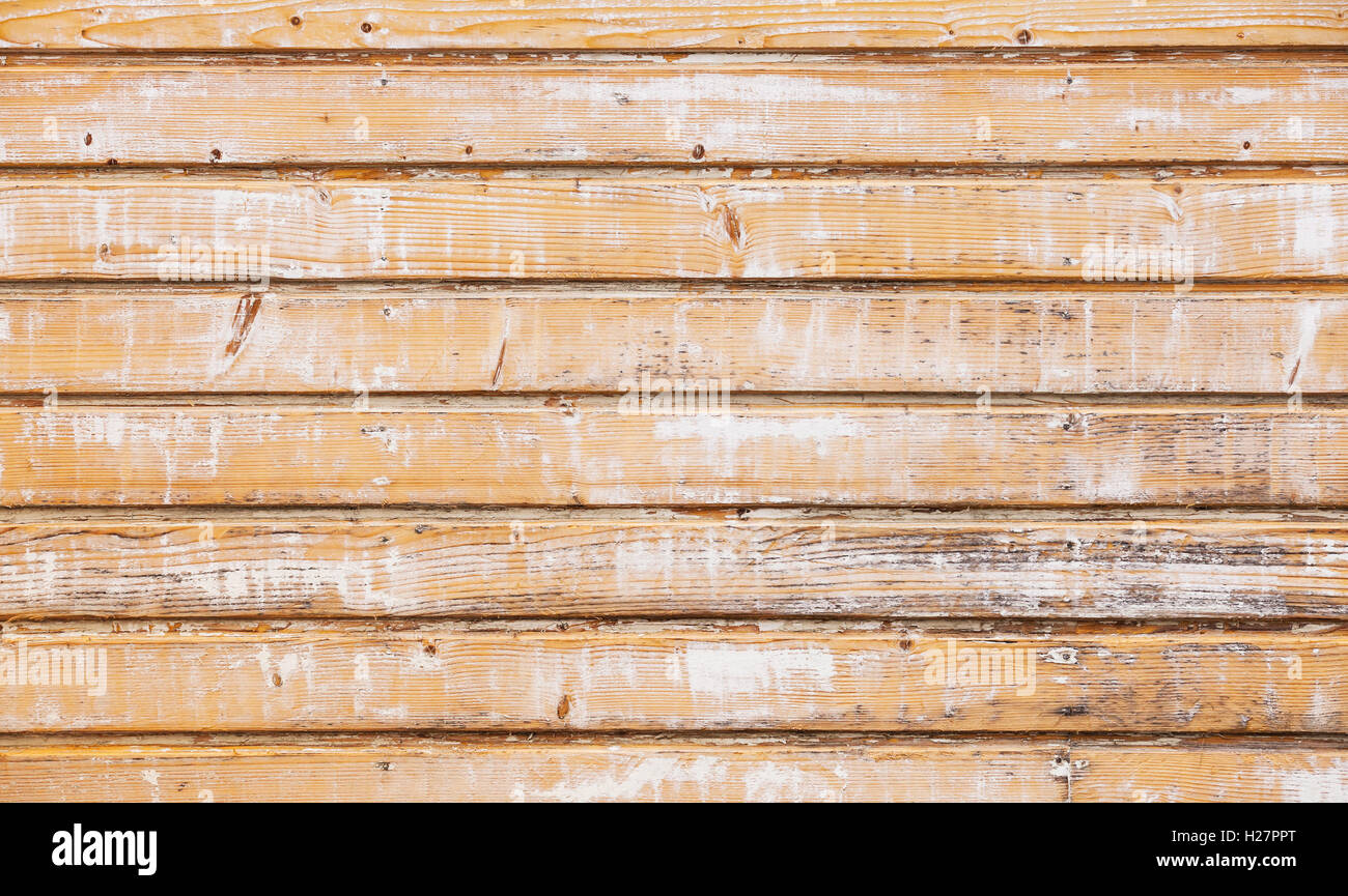 Old wooden wall with peeling yellow paint layer, detailed background photo texture Stock Photo