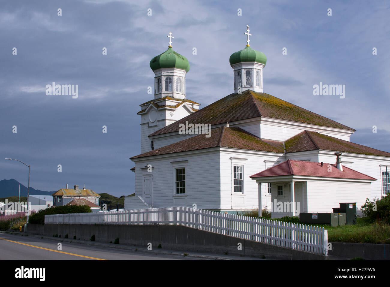 Alaska, Aleutian Island, Unalaska, Dutch Harbor. (53-54-15 N 166-31-68 W) Holy Ascension Cathedral, Russian Orthodox church. Stock Photo