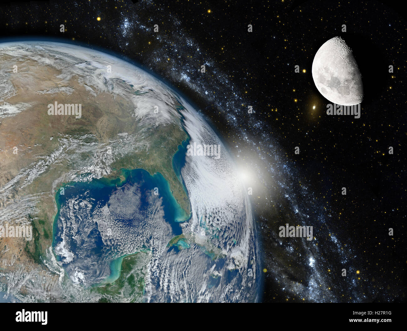 Montage of the earth, the galaxy and the moon. Elements of this image furnished by NASA. Stock Photo