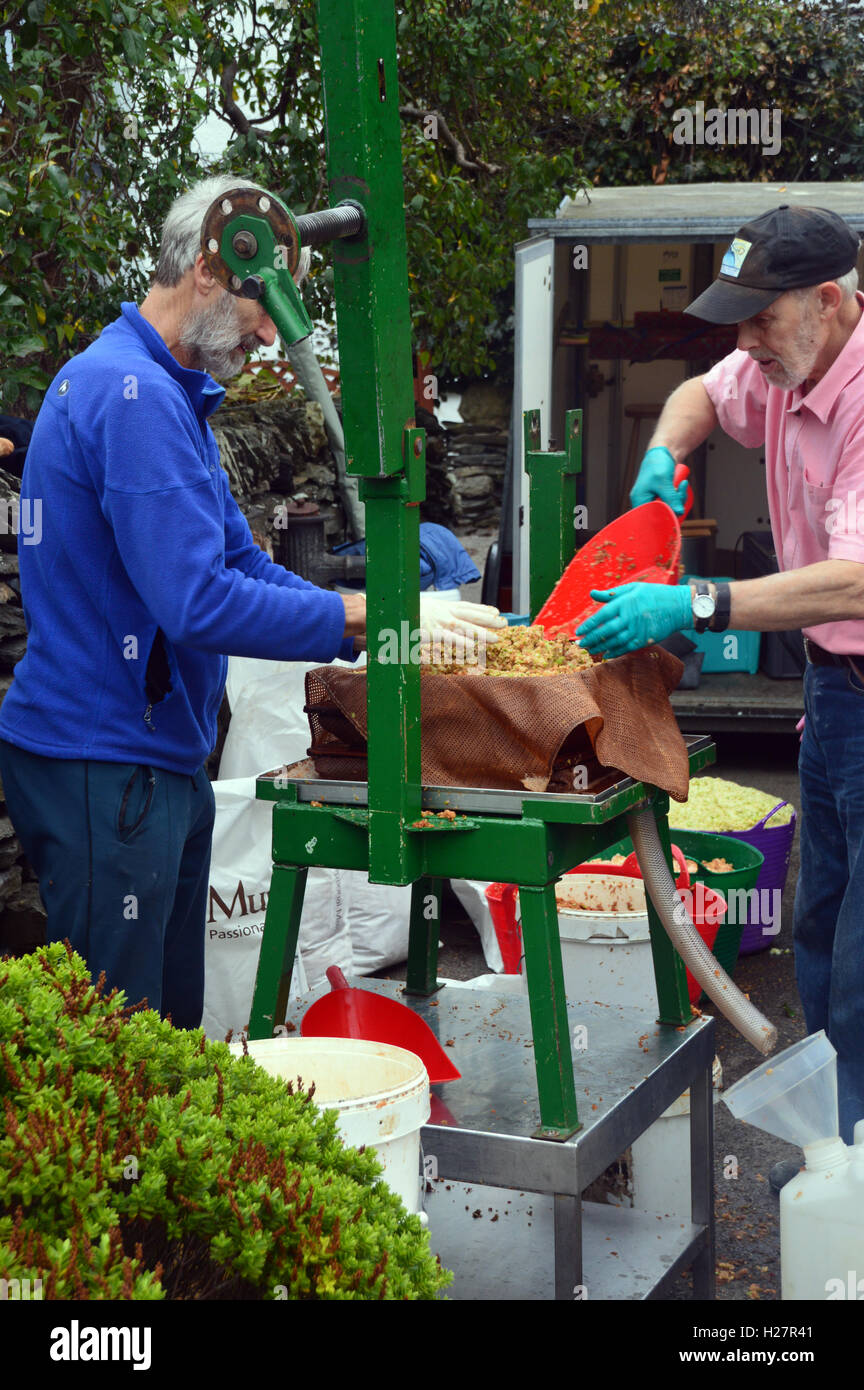 Apple Pressing by South Lakeland Orchard Group Outside Wilf''s Café Mill Yard, Staveley, Lake District National Park, UK. Stock Photo