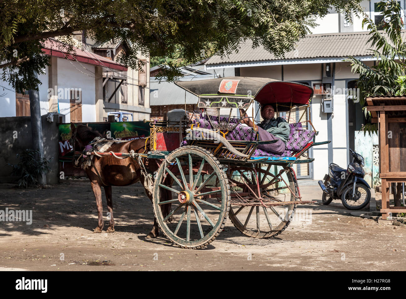 An old and faded calash with coach driver resting, in New Bagan (Myanmar).  Vieille calèche défraîchie avec son cocher au repos. Stock Photo