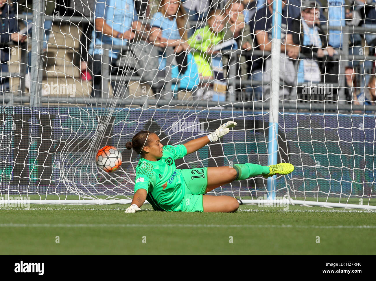 Chelsea Ladies goalkeeper Rebecca Spencer is beaten from the penalty spot during the Women's Super League match at the Academy Stadium, Manchester. Stock Photo