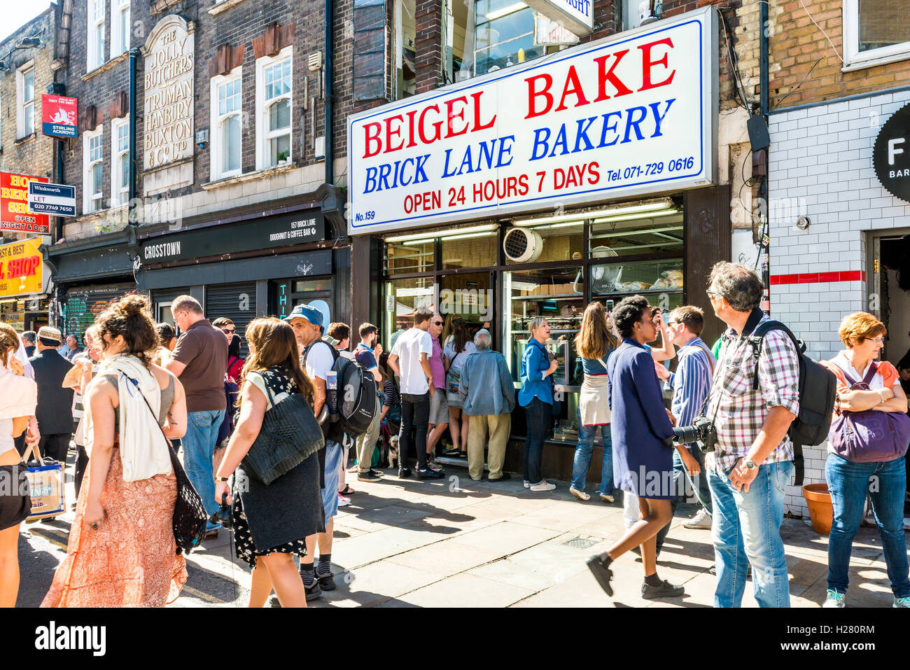 London, United Kingdom - September 11, 2016: Brick Lane street Sunday market. Famous Beigel Bake Brick Lane Bakery Beigel Shop Stock Photo