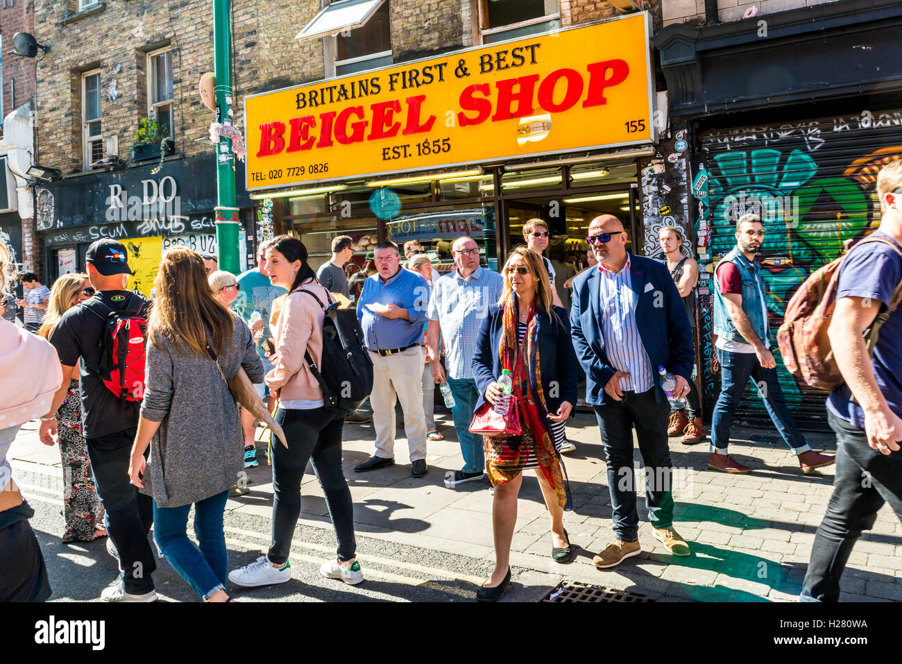 London, United Kingdom - September 11, 2016: Brick Lane street Sunday market. Famous Britains First and Best Beigel Shop Stock Photo