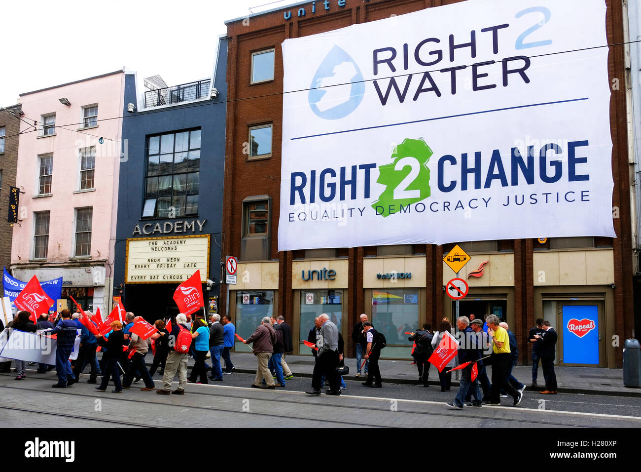 Water charge protesters assemble outside Unite Trade Union offices in Abbey Street Dublin Ireland Stock Photo