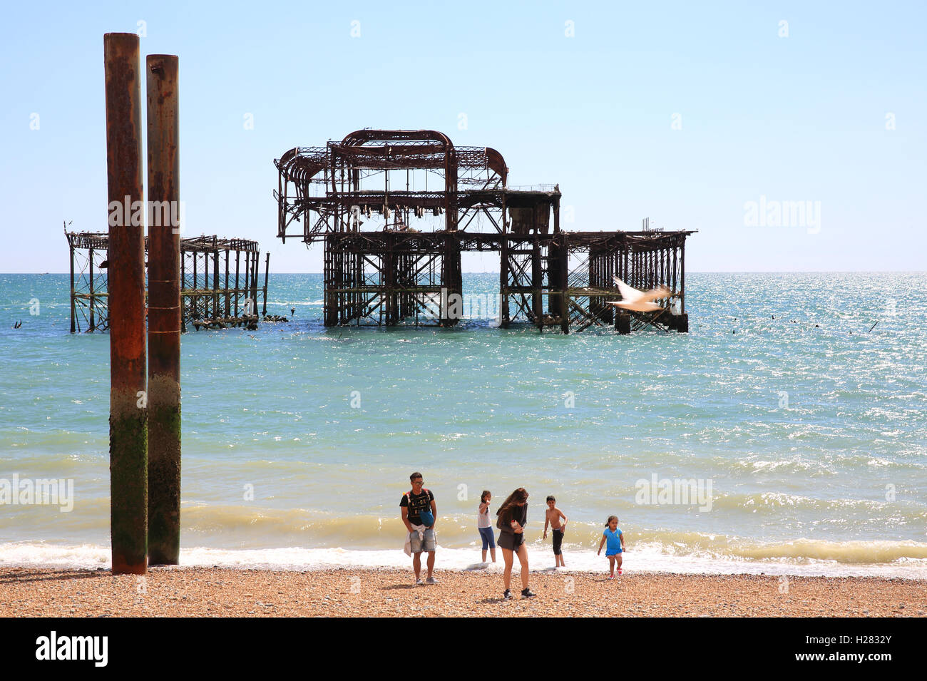 The skeletal remains of the Pavilion and supports of Brighton West Pier, in East Sussex, England, UK Stock Photo