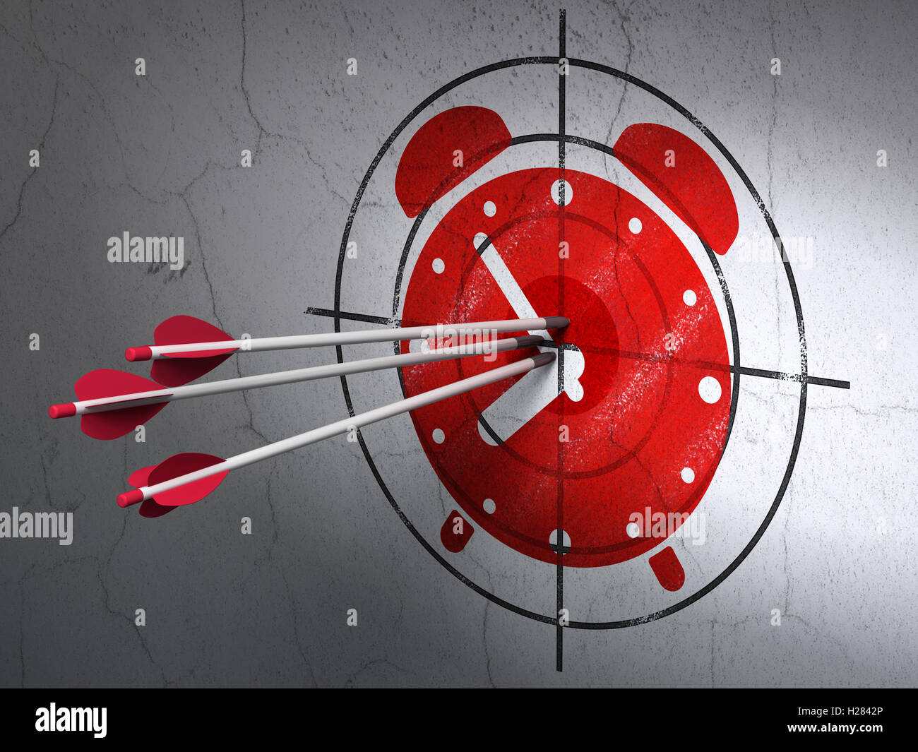 Timeline concept arrows in Alarm Clock target on wall background Stock
