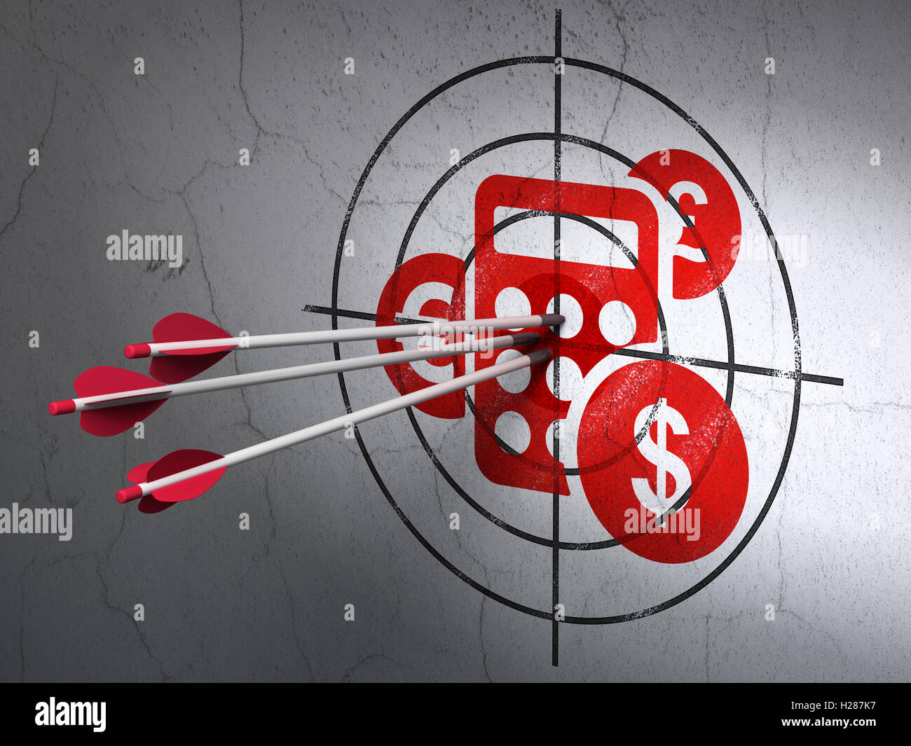 Marketing concept arrows in Calculator target on wall background Stock