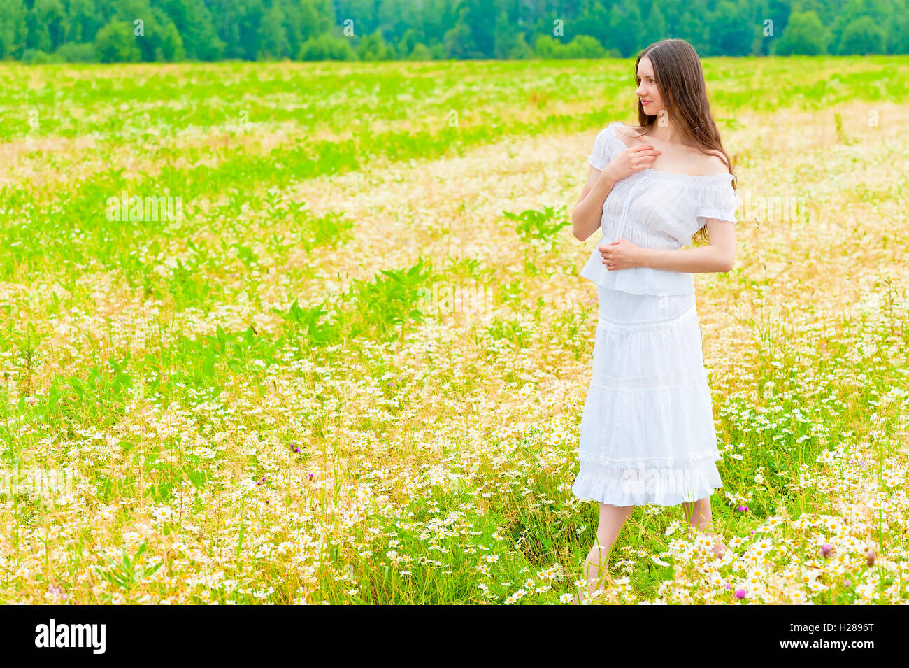 girl in a white sundress walking on chamomile field Stock Photo - Alamy