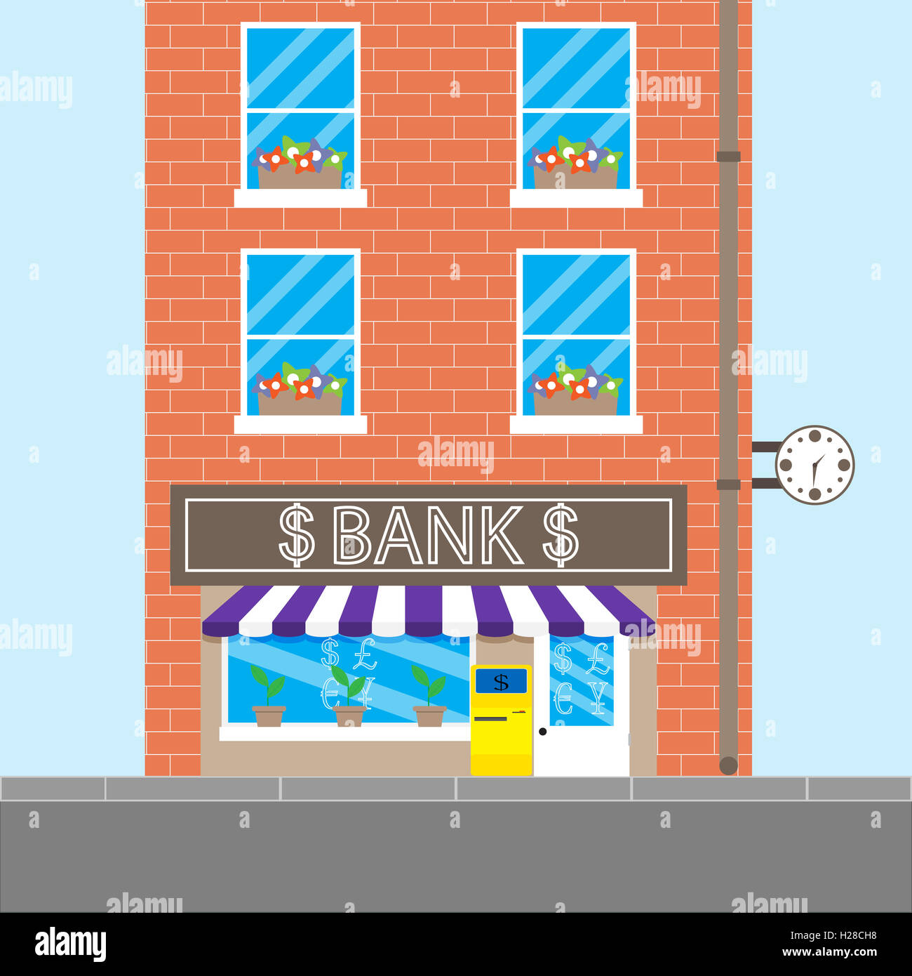 Bank building with brick wall. Finance and money, bank vault and atm