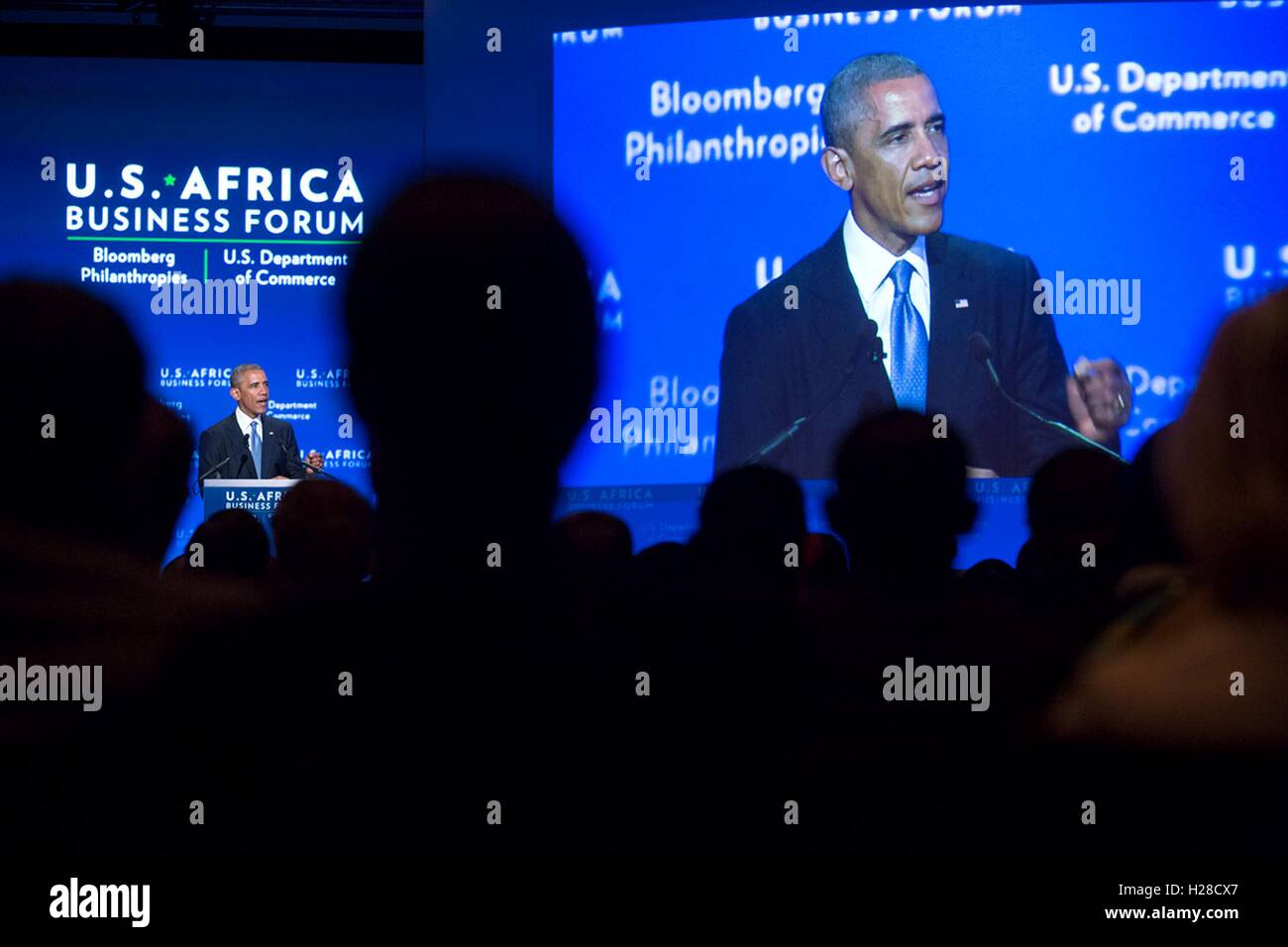 U.S. President Barack Obama delivers a speech during the U.S.-Africa Leaders Summit Business Forum August 5, 2014 in Washington, DC. Stock Photo