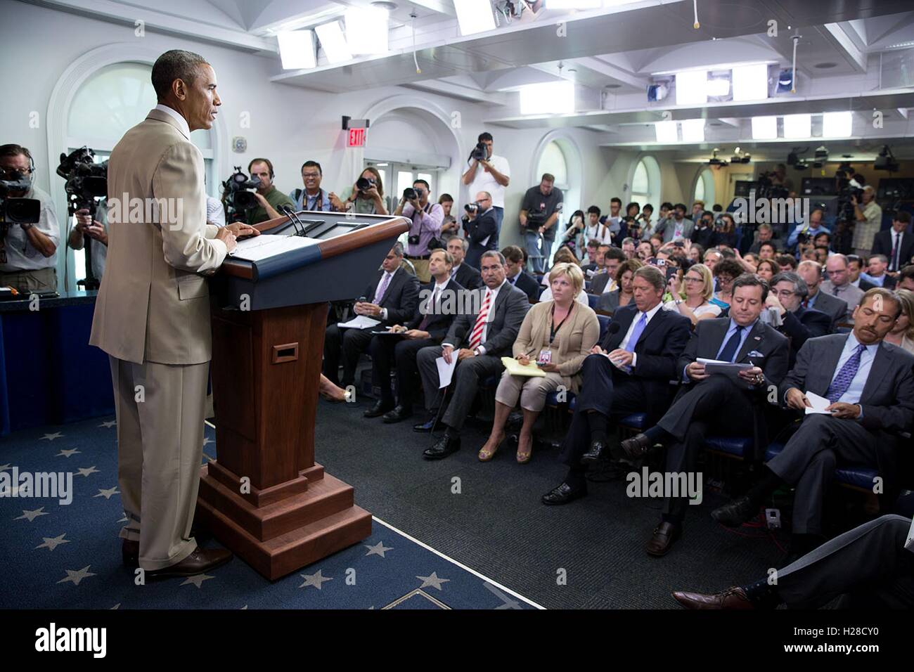 U.S. President Barack Obama delivers a statment in the White House James S. Brady Press Briefing Room August 28, 2014 in Washington, DC. Stock Photo
