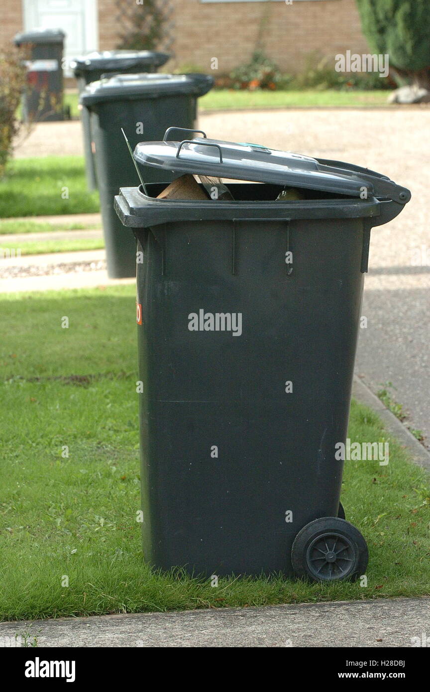 A line of black wheelie bin dustbins on front lawn of a home in the UK Stock Photo Alamy