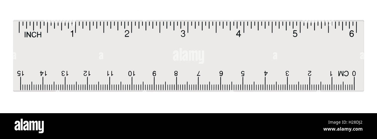 White transparent ruler, isolated closeup inch centimetre, inches, centimeters, centimetres, millimeters, millimetres, imperial Stock Photo