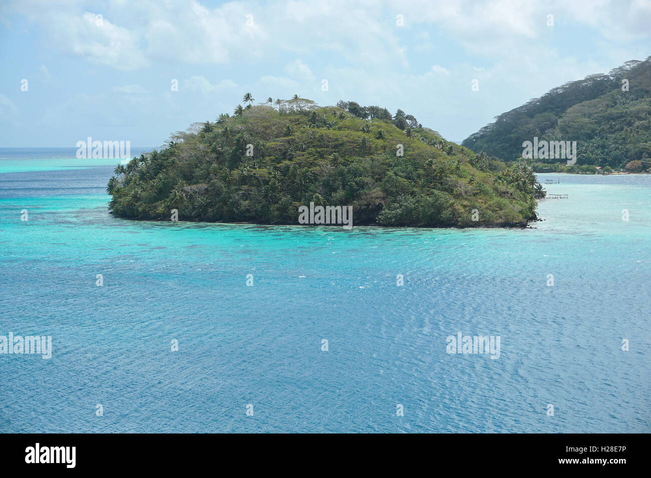 High view of a tropical island with lush vegetation, Huahine lagoon, motu Vaiorea, Bourayne bay, Pacific ocean, French Polynesia Stock Photo