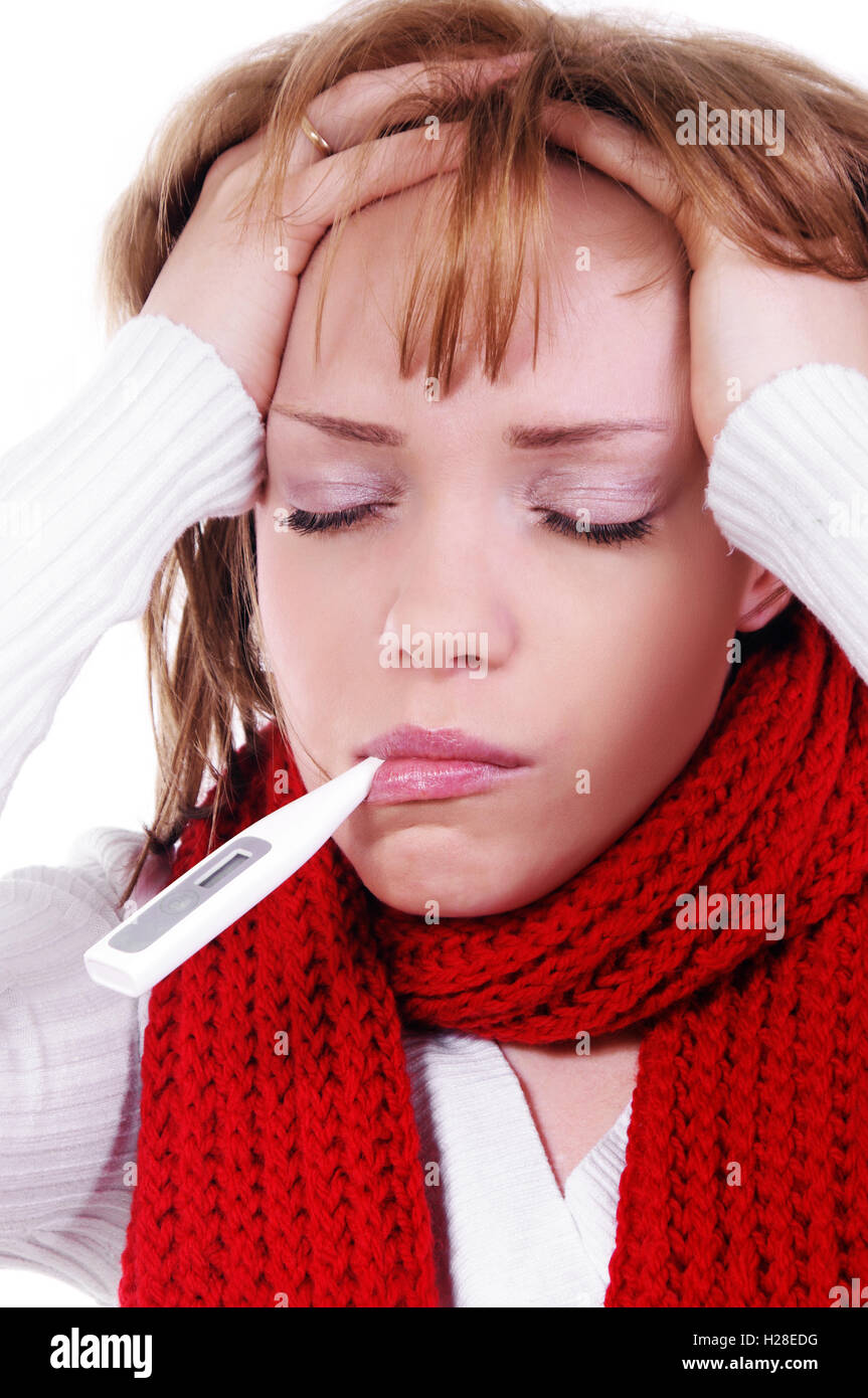sick woman with warm clothes and thermometer Stock Photo Alamy