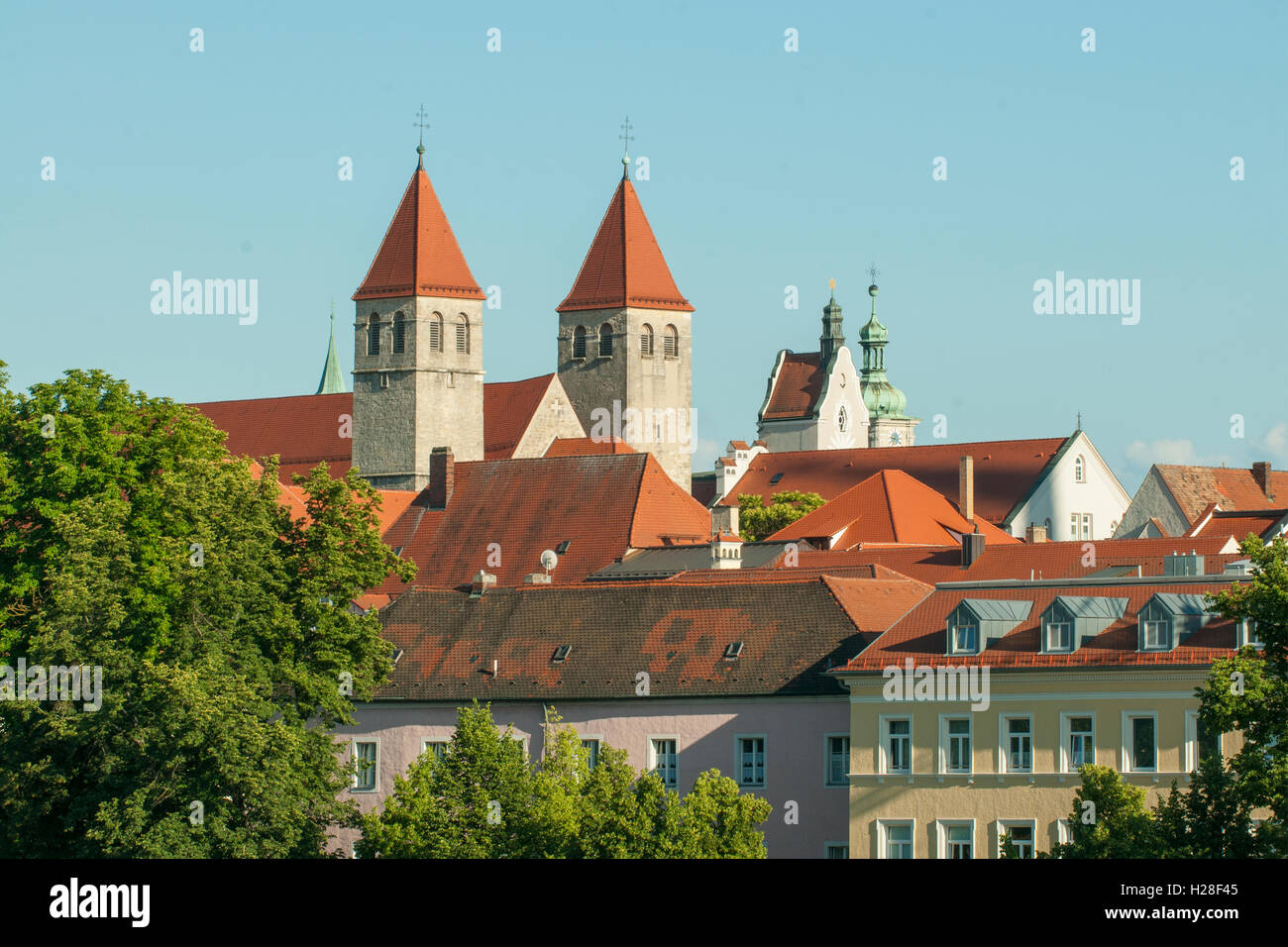 Towers of Niedermunster, Regensburg, Germany Stock Photo