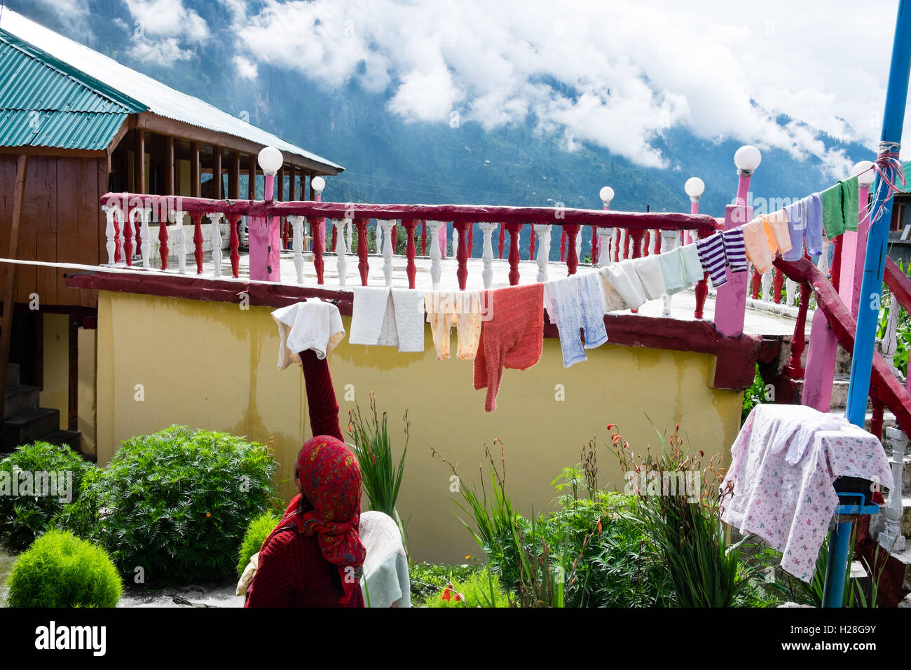 Ladies washing clothes in a Village near Manali, Himachal Pradesh, Indian Himalayas, India Stock Photo