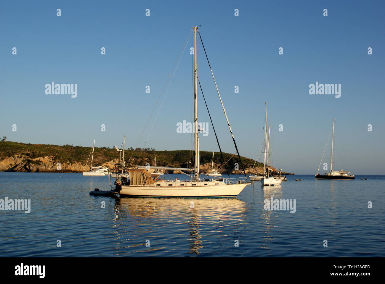 Island Packet yacht at anchor in Cala Xarraca, Ibiza. Spain Stock Photo