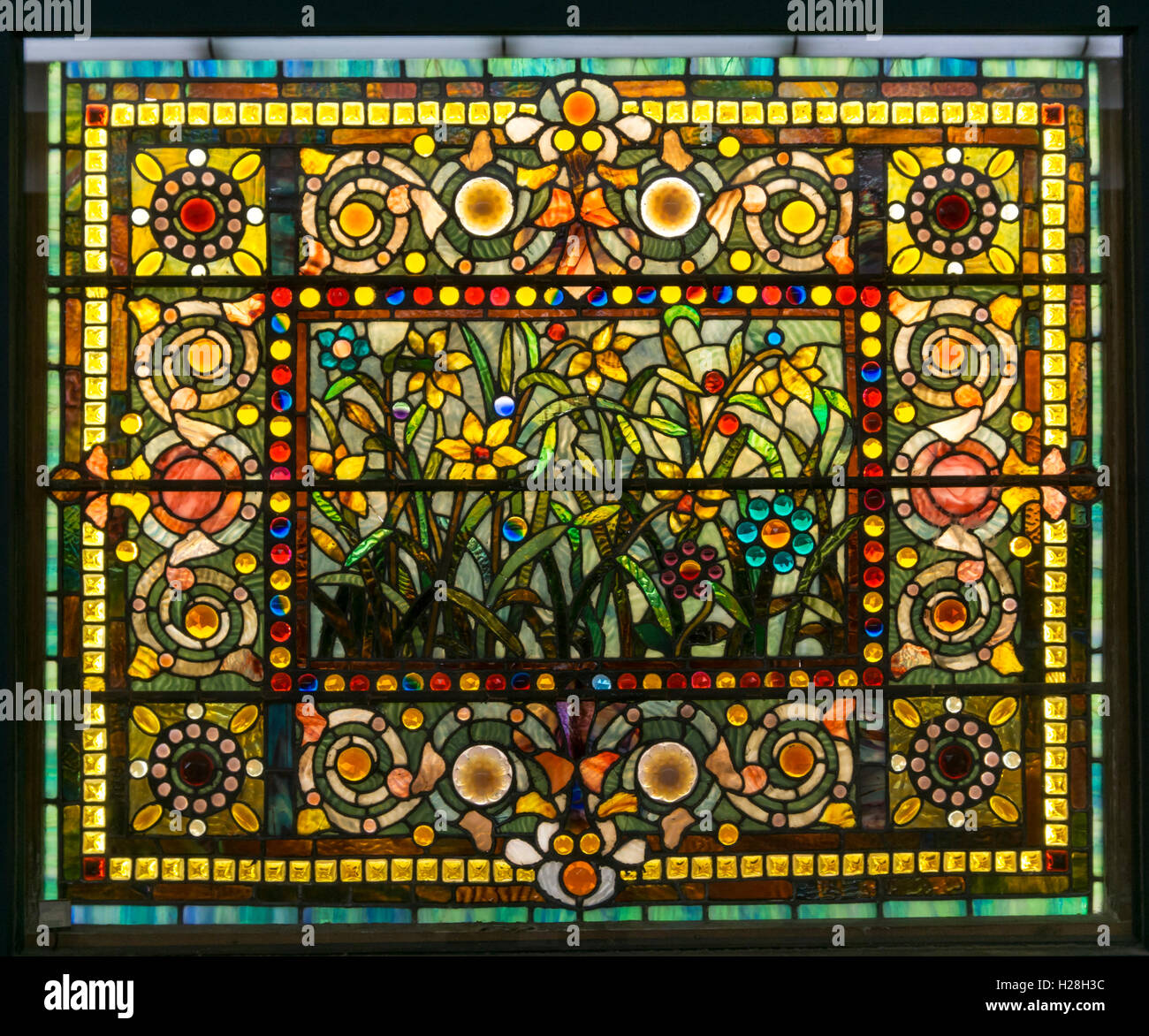 19th century American Garden of Jewels stained glass by an unknown designer and fabricator. Stock Photo