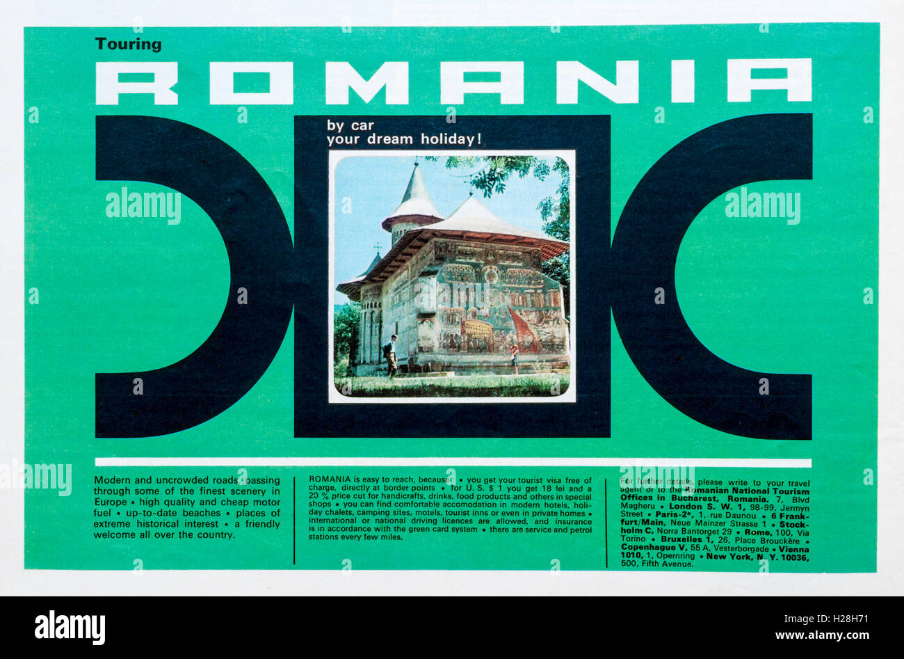A 1970s magazine advertisement for touring Romania by car on holiday. Stock Photo