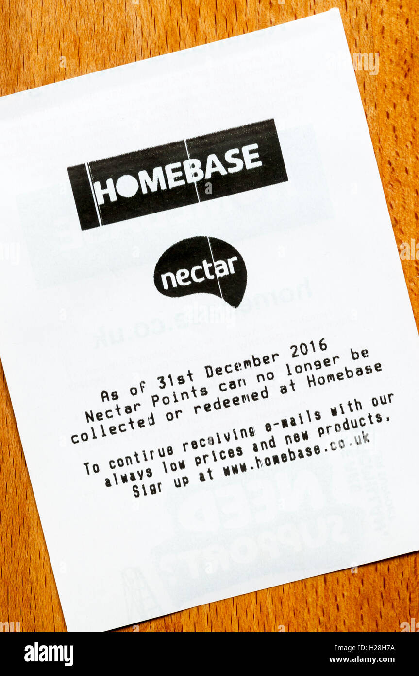 A message on a Homebase till roll receipt warns that they will stop issuing Nectar reward points. Stock Photo