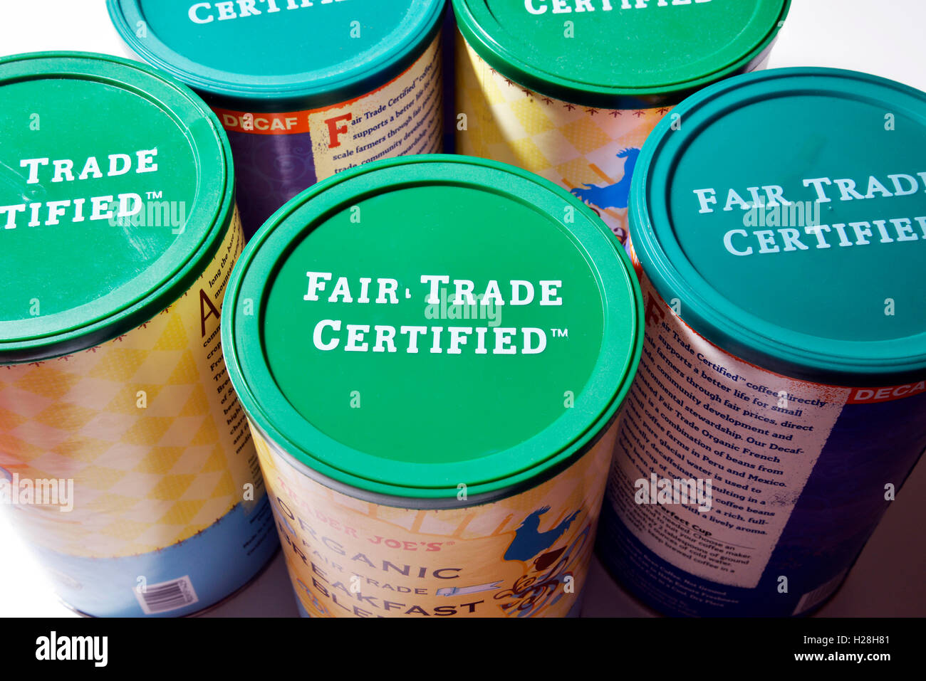 Containers of Fair Trade Certified coffee purchased at Trader Joe's, Tucson, Arizona, USA. Stock Photo
