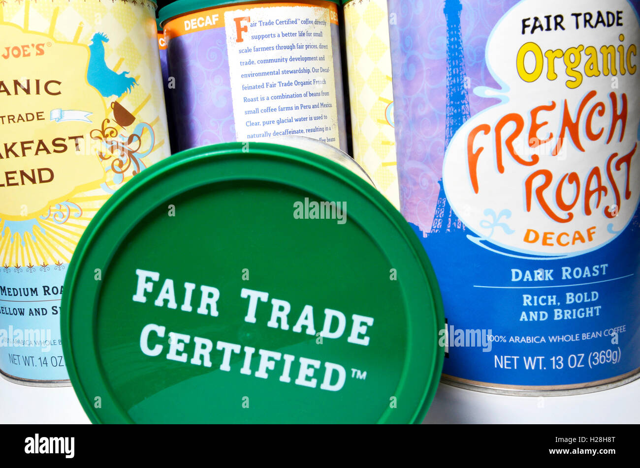 Containers of Fair Trade Certified coffee purchased at Trader Joe's, Tucson, Arizona, USA Stock
