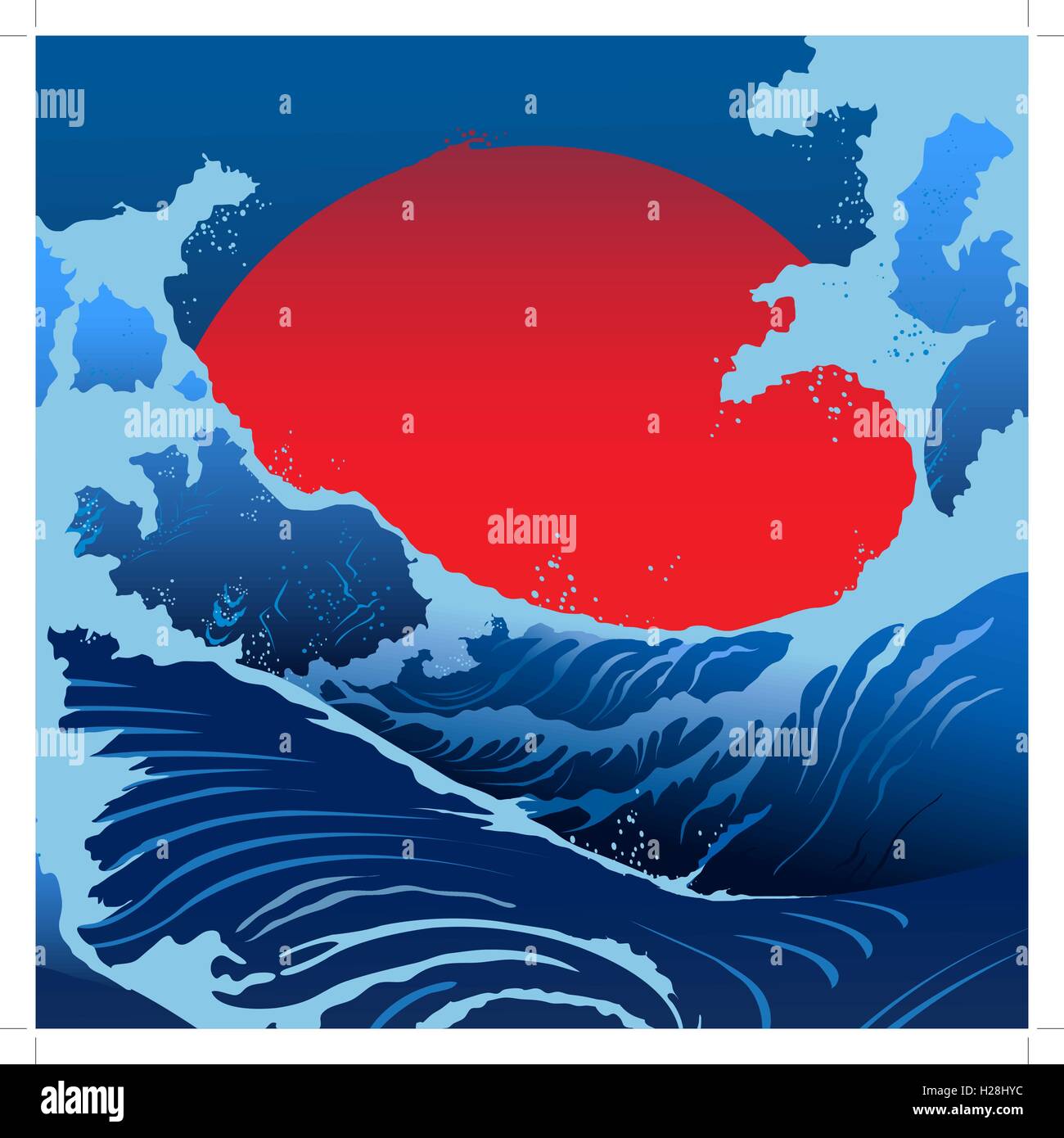 Blue Waves And Red Sun In The Japanese Style Stock Vector
