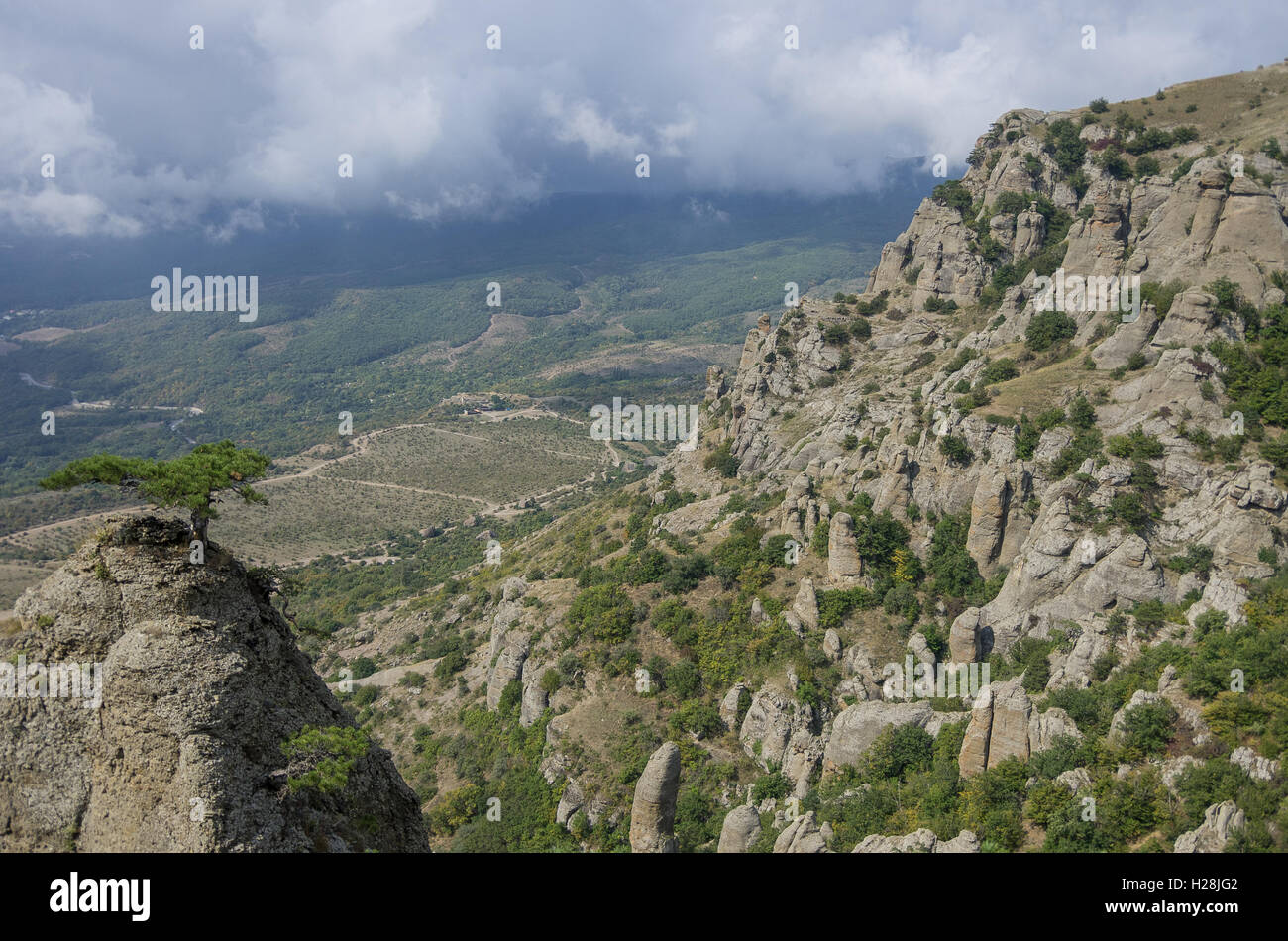 The rock formations of the Demerdji mountain. Valley of Ghosts. Landscape of Crimea, Russia. Ukraine Stock Photo
