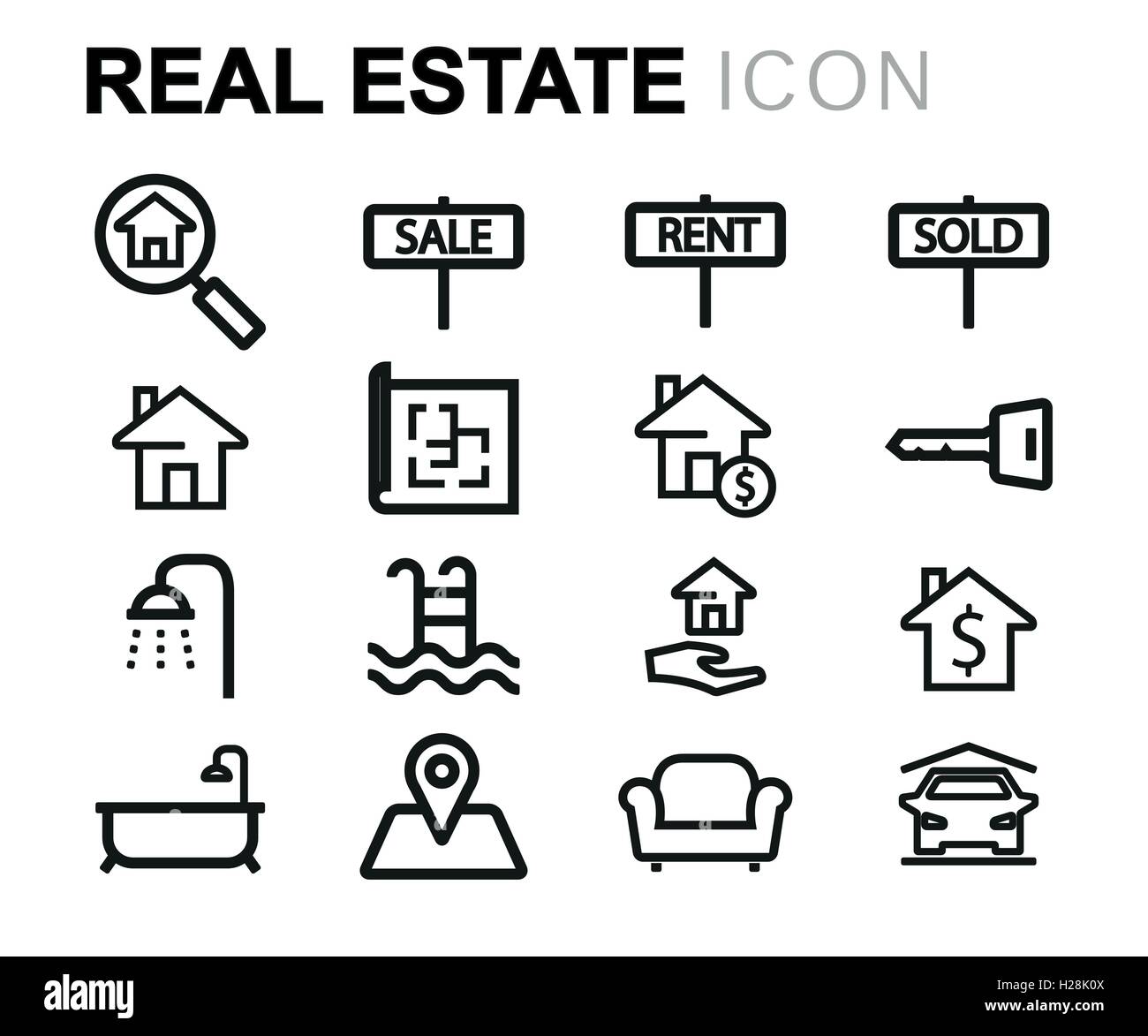 Vector black line real estate icons set on white background Stock ...
